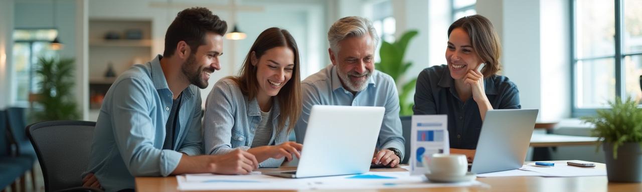 Upland Wellness team members collaborating with laptops and charts, a diverse group of adults 35-50 years old.