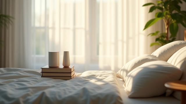 Calm bedroom scene with soft lighting, emphasizing restorative sleep.